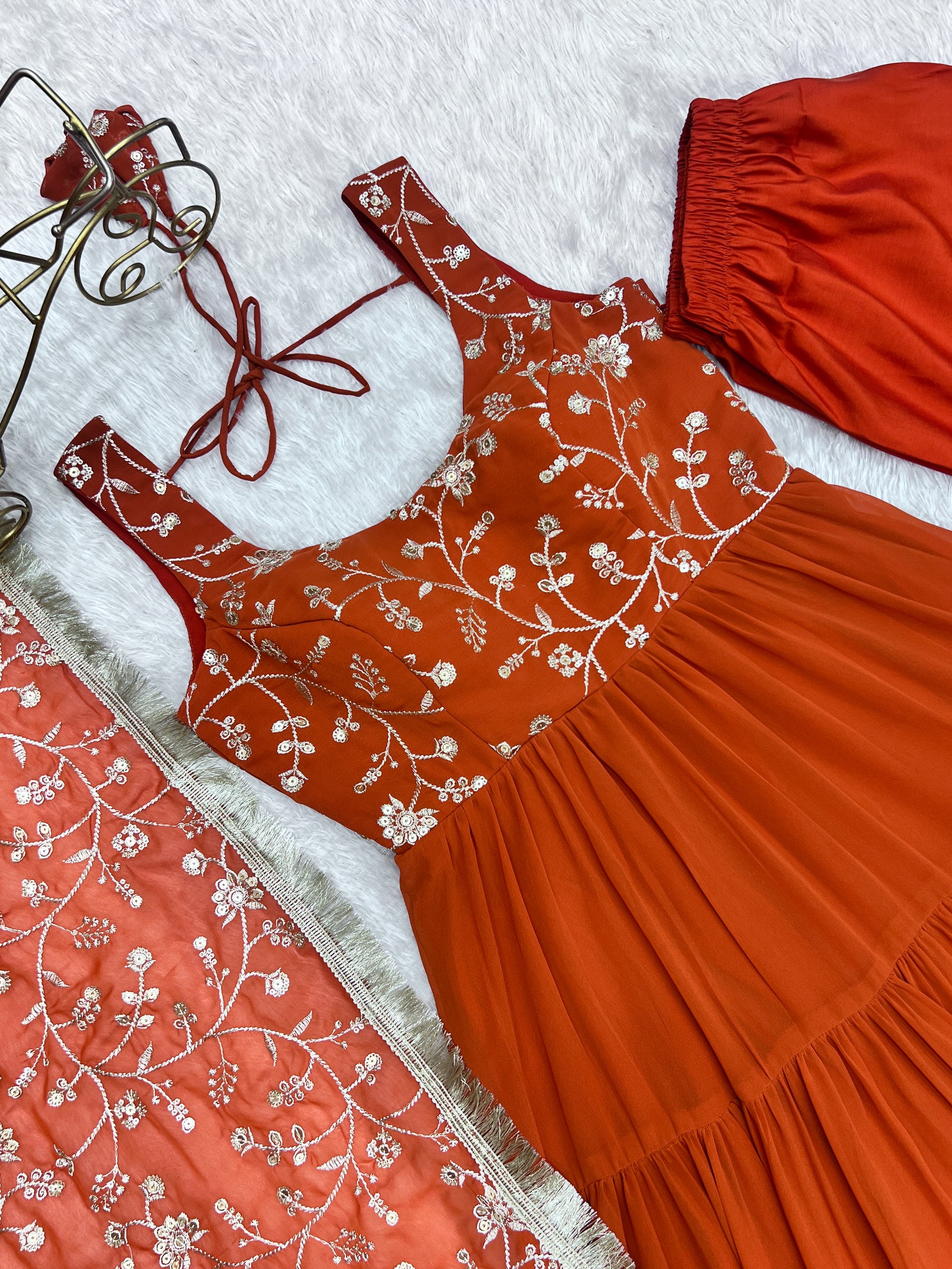 Orange Pure Soft Fox Georgette Anarkali Set with Dupatta & Pant