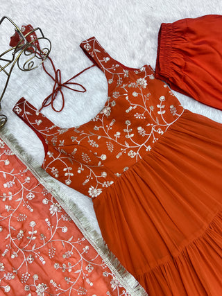 Orange Pure Soft Fox Georgette Anarkali Set with Dupatta & Pant