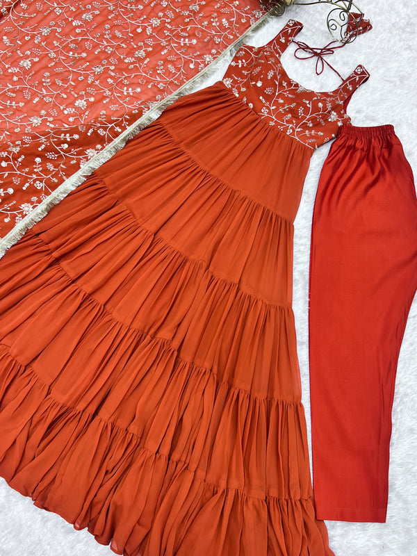 Orange Pure Soft Fox Georgette Anarkali Set with Dupatta & Pant