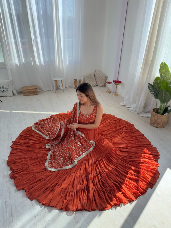 Orange Pure Soft Fox Georgette Anarkali Set with Dupatta & Pant