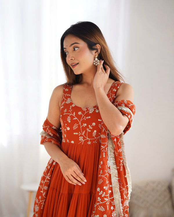 Orange Pure Soft Fox Georgette Anarkali Set with Dupatta & Pant