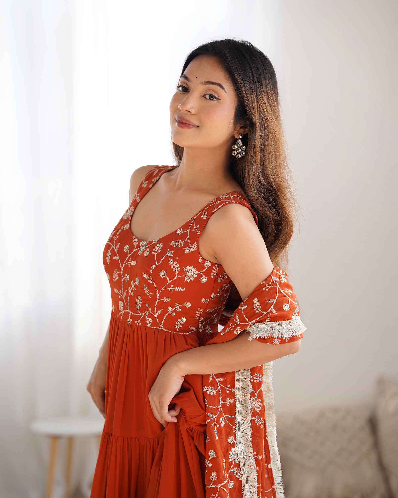 Orange Pure Soft Fox Georgette Anarkali Set with Dupatta & Pant