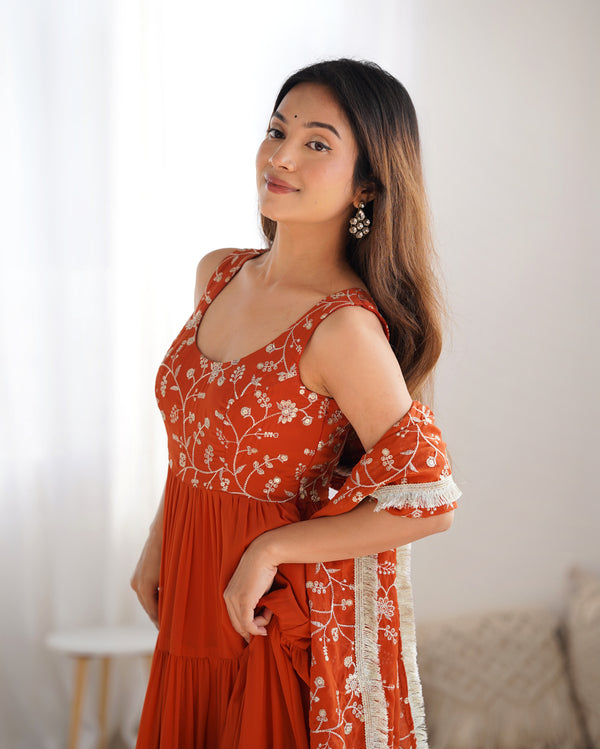 Orange Pure Soft Fox Georgette Anarkali Set with Dupatta & Pant