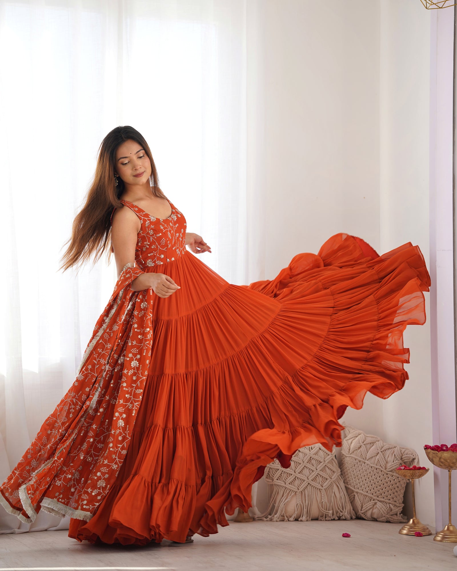 Orange Pure Soft Fox Georgette Anarkali Set with Dupatta & Pant