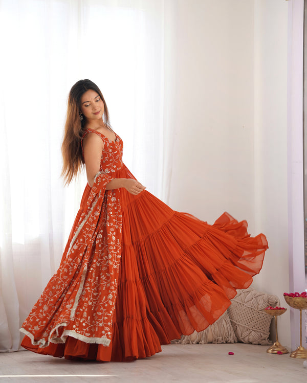 Orange Pure Soft Fox Georgette Anarkali Set with Dupatta & Pant