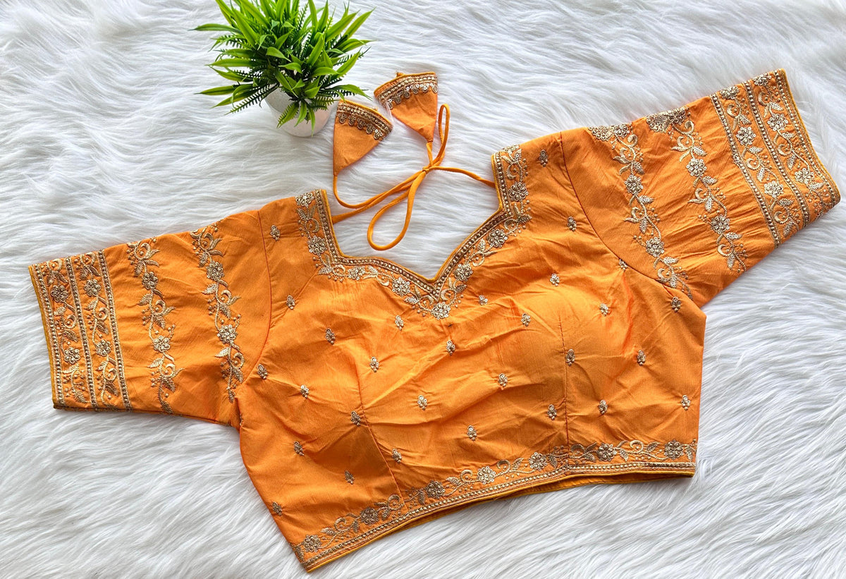 Orange Rajbhog Silk Embroidered Blouse with Handcrafted Detailing ClothsVilla Main image