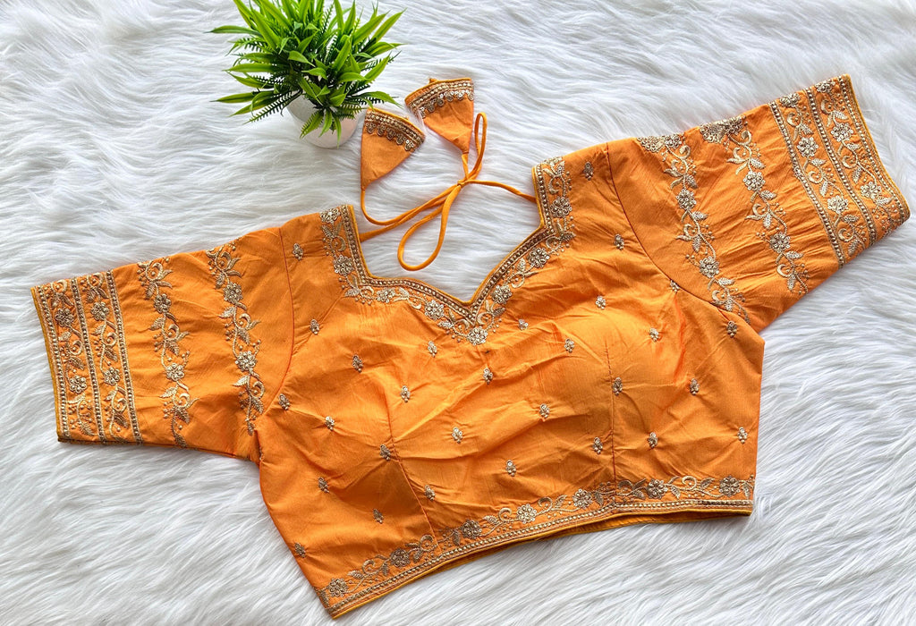 Orange Rajbhog Silk Embroidered Blouse with Handcrafted Detailing ClothsVilla