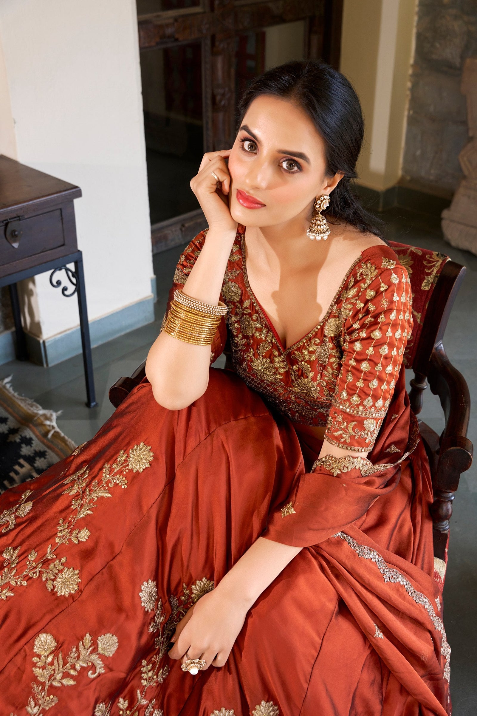 Orange Rangoli Silk Embroidered Lehenga Choli Set with Sequins Work | Stitched Lehenga with Dupatta ClothsVilla