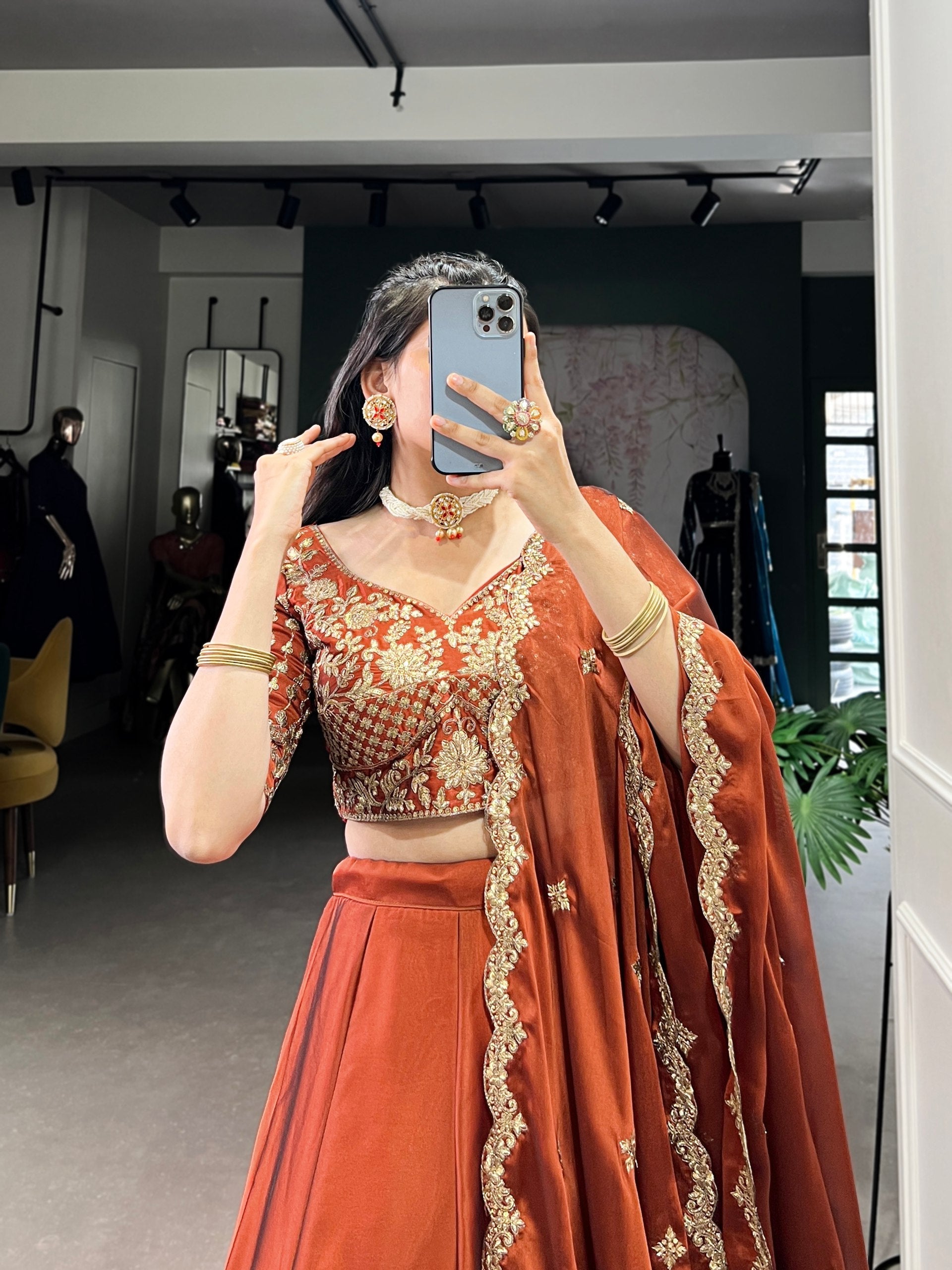 Orange Rangoli Silk Embroidered Lehenga Choli Set with Sequins Work | Stitched Lehenga with Dupatta ClothsVilla