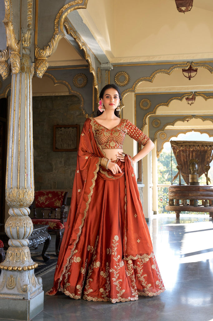 Orange Rangoli Silk Embroidered Lehenga Choli Set with Sequins Work | Stitched Lehenga with Dupatta