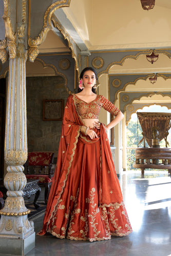Orange Rangoli Silk Embroidered Lehenga Choli Set with Sequins Work | Stitched Lehenga with Dupatta