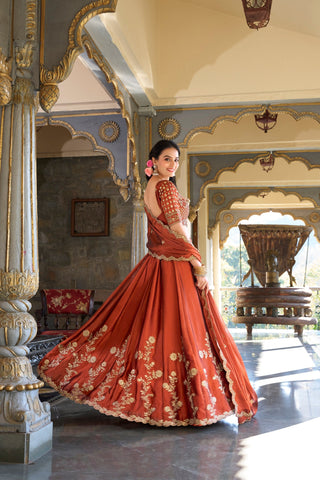 Orange Rangoli Silk Embroidered Lehenga Choli Set with Sequins Work | Stitched Lehenga with Dupatta ClothsVilla