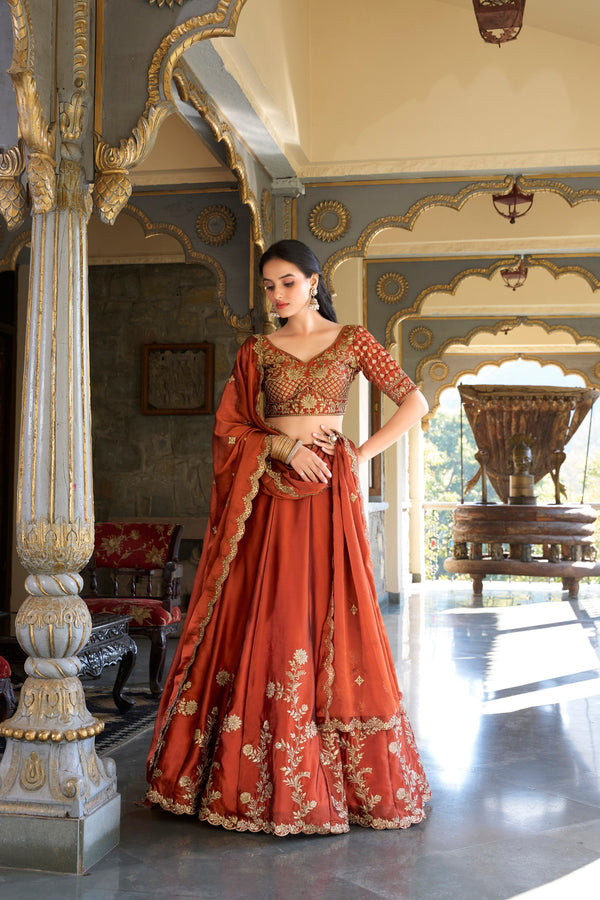 Orange Rangoli Silk Embroidered Lehenga Choli Set with Sequins Work | Stitched Lehenga with Dupatta