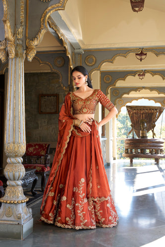 Orange Rangoli Silk Embroidered Lehenga Choli Set with Sequins Work | Stitched Lehenga with Dupatta