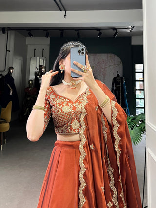 Orange Rangoli Silk Embroidered Lehenga Choli Set with Sequins Work | Stitched Lehenga with Dupatta ClothsVilla