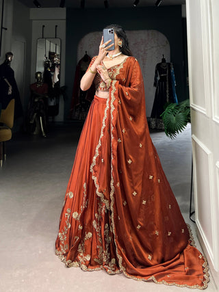 Orange Rangoli Silk Embroidered Lehenga Choli Set with Sequins Work | Stitched Lehenga with Dupatta ClothsVilla