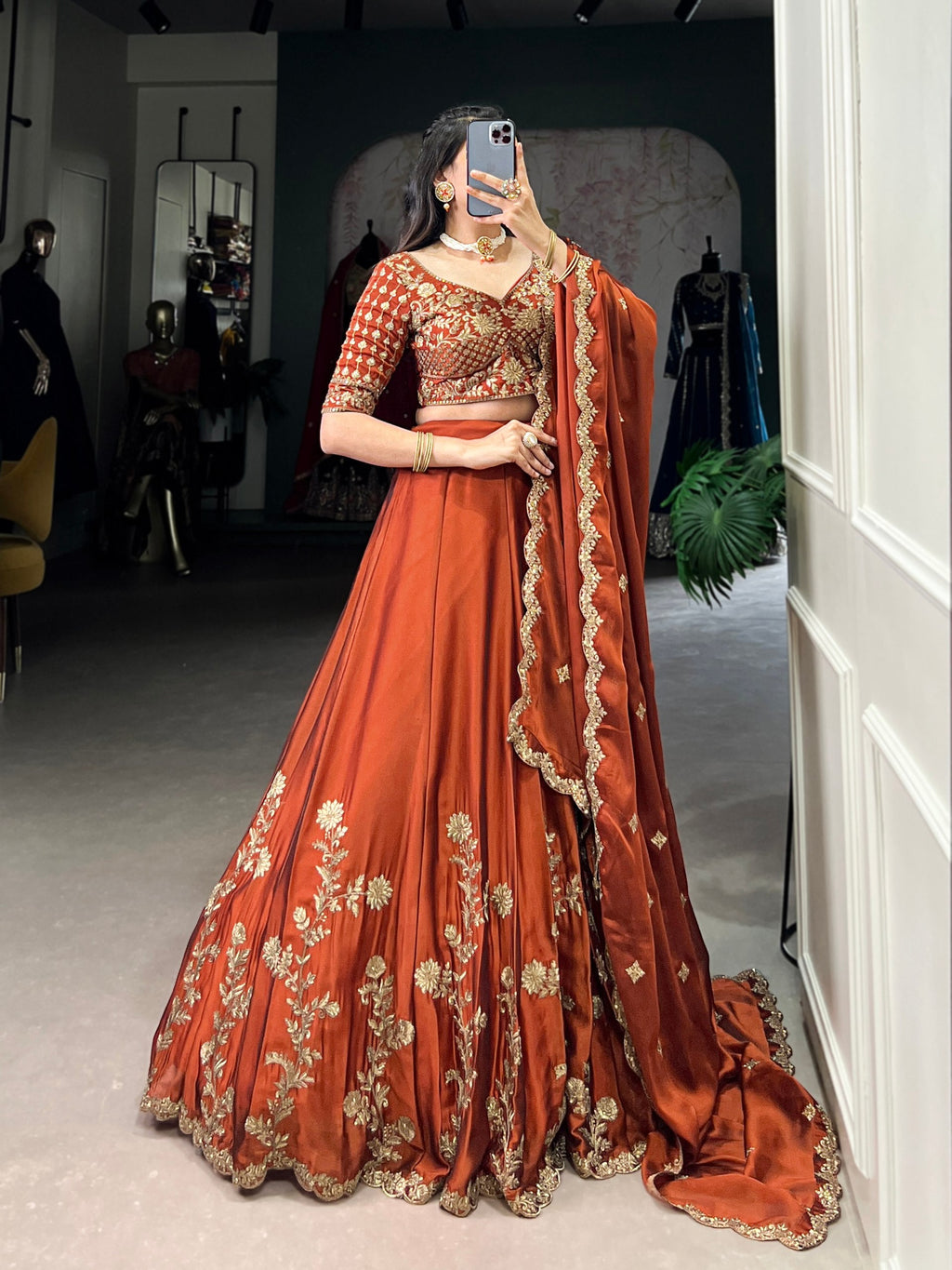 Orange Rangoli Silk Embroidered Lehenga Choli Set with Sequins Work | Stitched Lehenga with Dupatta ClothsVilla