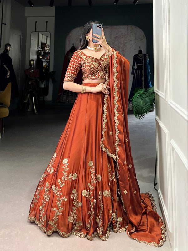 Orange Rangoli Silk Embroidered Lehenga Choli Set with Sequins Work | Stitched Lehenga with Dupatta ClothsVilla
