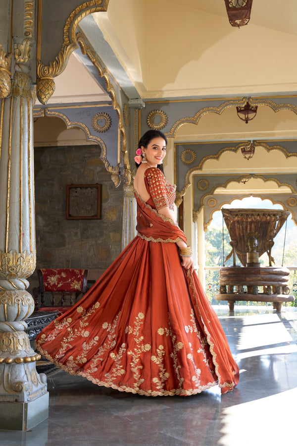 Orange Rangoli Silk Embroidered Lehenga Choli Set with Sequins Work | Stitched Lehenga with Dupatta