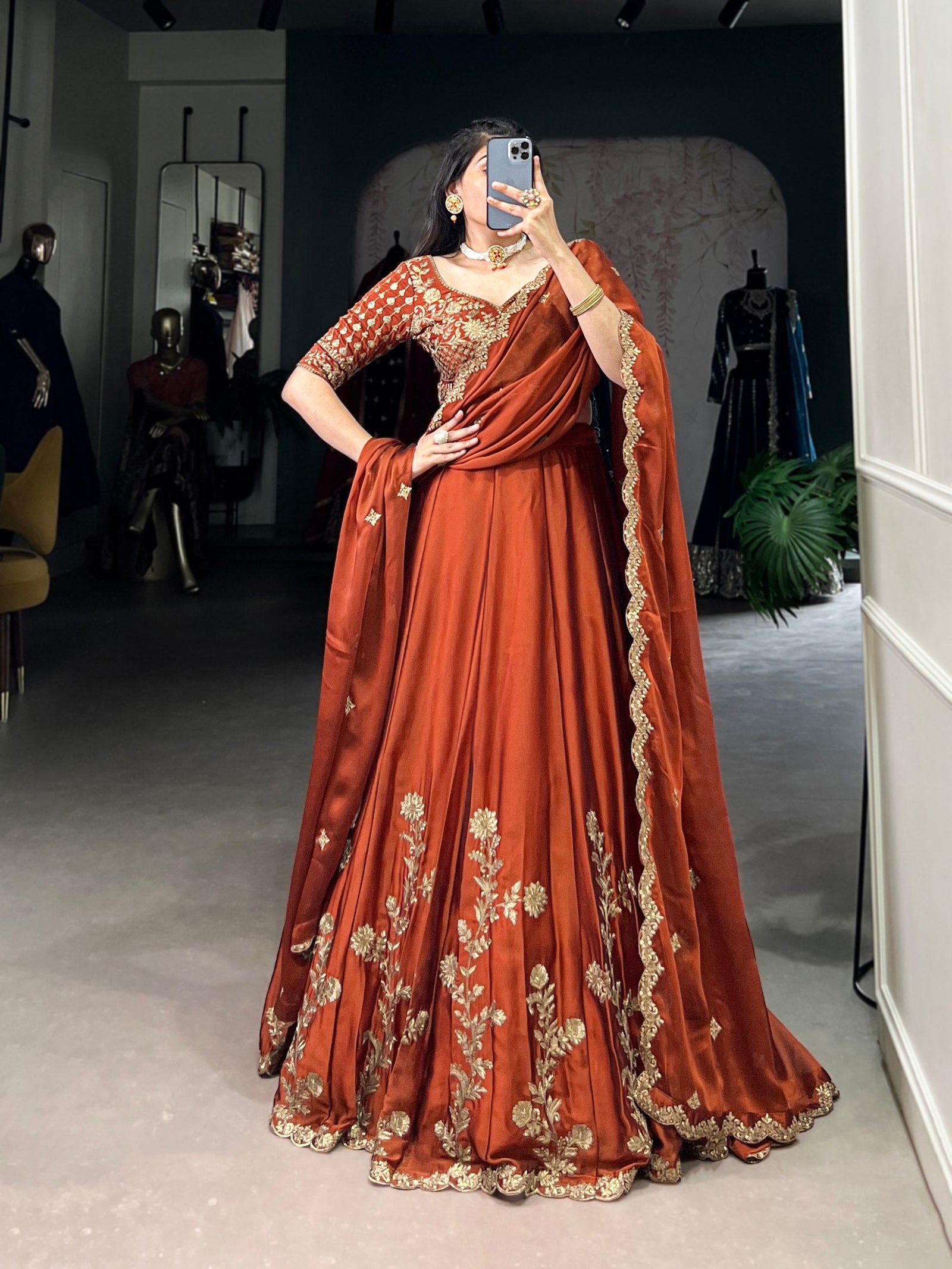 Orange Rangoli Silk Embroidered Lehenga Choli Set with Sequins Work | Stitched Lehenga with Dupatta ClothsVilla