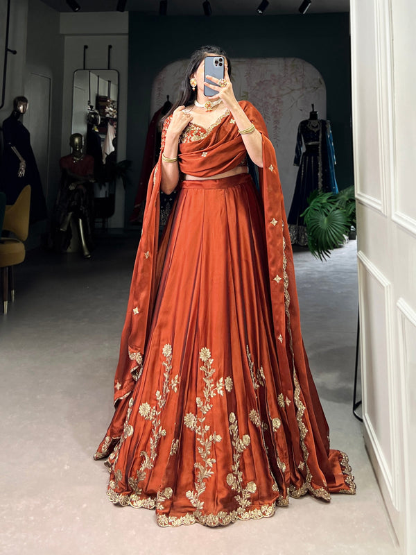 Orange Rangoli Silk Embroidered Lehenga Choli Set with Sequins Work | Stitched Lehenga with Dupatta ClothsVilla