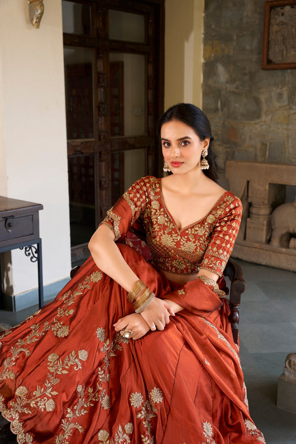 Orange Rangoli Silk Embroidered Lehenga Choli Set with Sequins Work | Stitched Lehenga with Dupatta