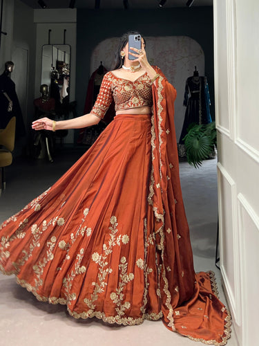 Orange Rangoli Silk Embroidered Lehenga Choli Set with Sequins Work | Stitched Lehenga with Dupatta ClothsVilla