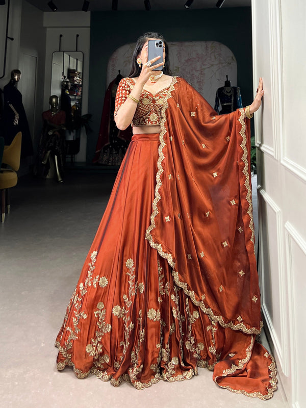 Orange Rangoli Silk Embroidered Lehenga Choli Set with Sequins Work | Stitched Lehenga with Dupatta ClothsVilla