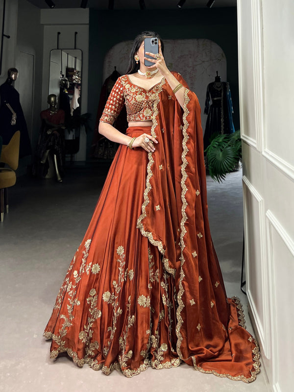 Orange Rangoli Silk Embroidered Lehenga Choli Set with Sequins Work | Stitched Lehenga with Dupatta ClothsVilla