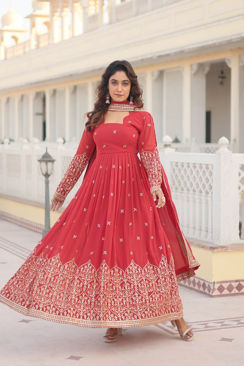 Orange Red Enchanting Sequined Faux Georgette Gown with Dupatta Set ClothsVilla