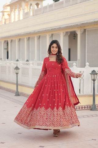 Orange Red Enchanting Sequined Faux Georgette Gown with Dupatta Set ClothsVilla