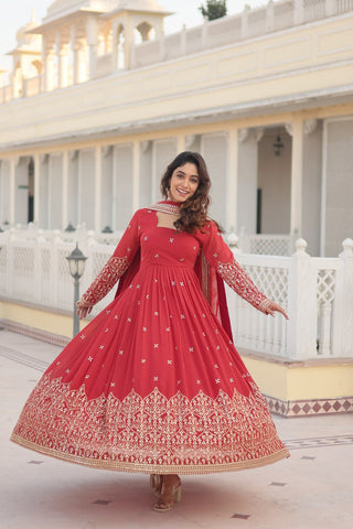 Orange Red Enchanting Sequined Faux Georgette Gown with Dupatta Set ClothsVilla