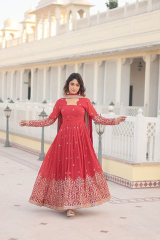 Orange Red Enchanting Sequined Faux Georgette Gown with Dupatta Set ClothsVilla
