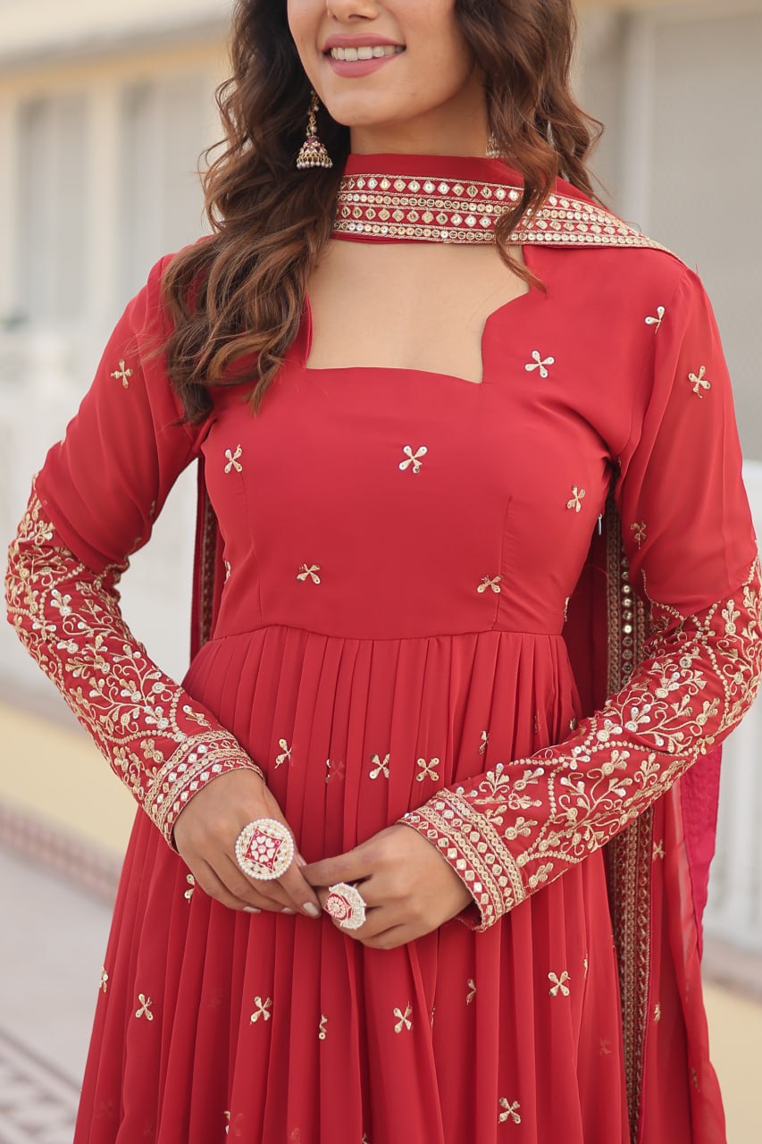 Orange Red Enchanting Sequined Faux Georgette Gown with Dupatta Set ClothsVilla