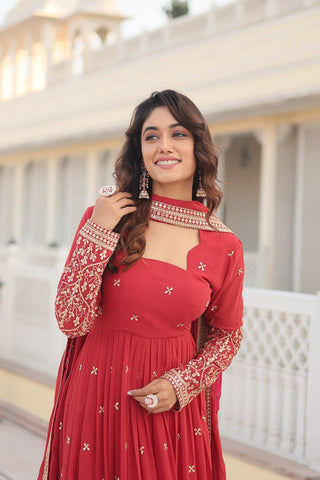 Orange Red Enchanting Sequined Faux Georgette Gown with Dupatta Set ClothsVilla
