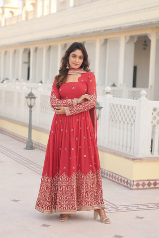 Orange Red Enchanting Sequined Faux Georgette Gown with Dupatta Set ClothsVilla