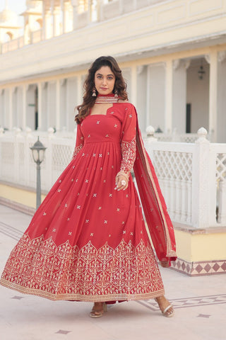 Orange Red Enchanting Sequined Faux Georgette Gown with Dupatta Set ClothsVilla