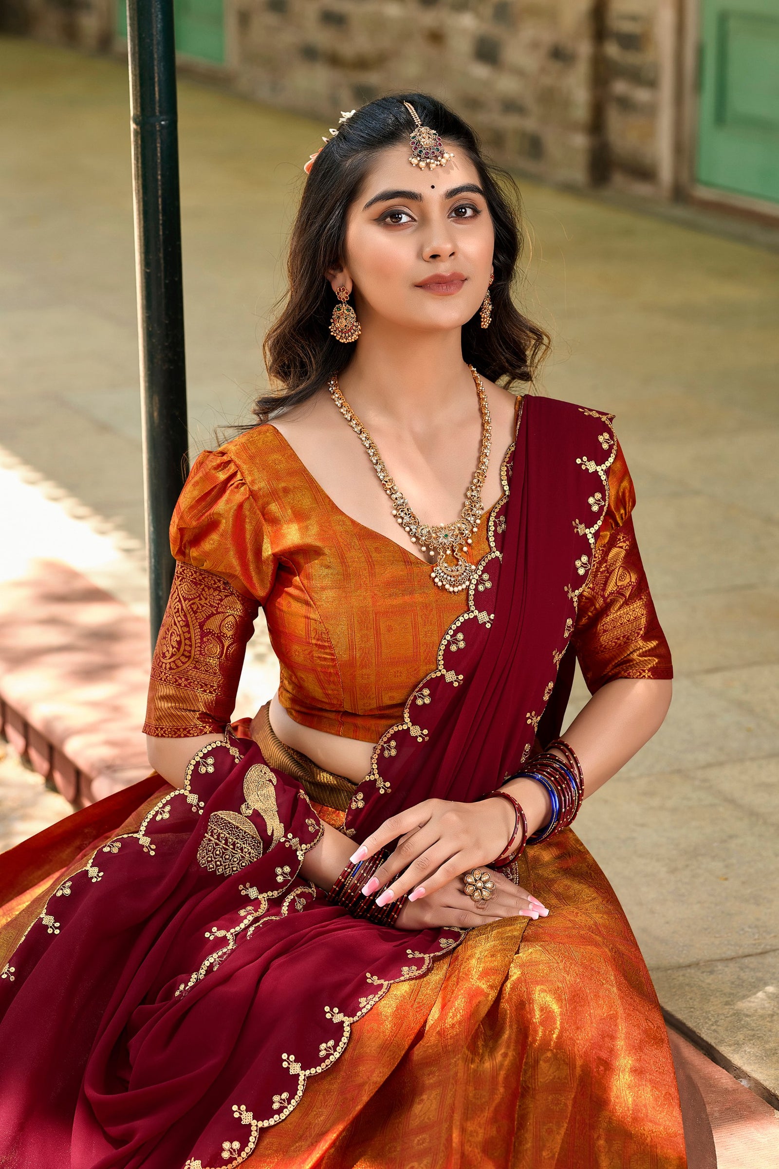 Orange Regal Zari Woven Kanjivaram Lehenga Choli with Sequin Embroidery Dupatta ClothsVilla