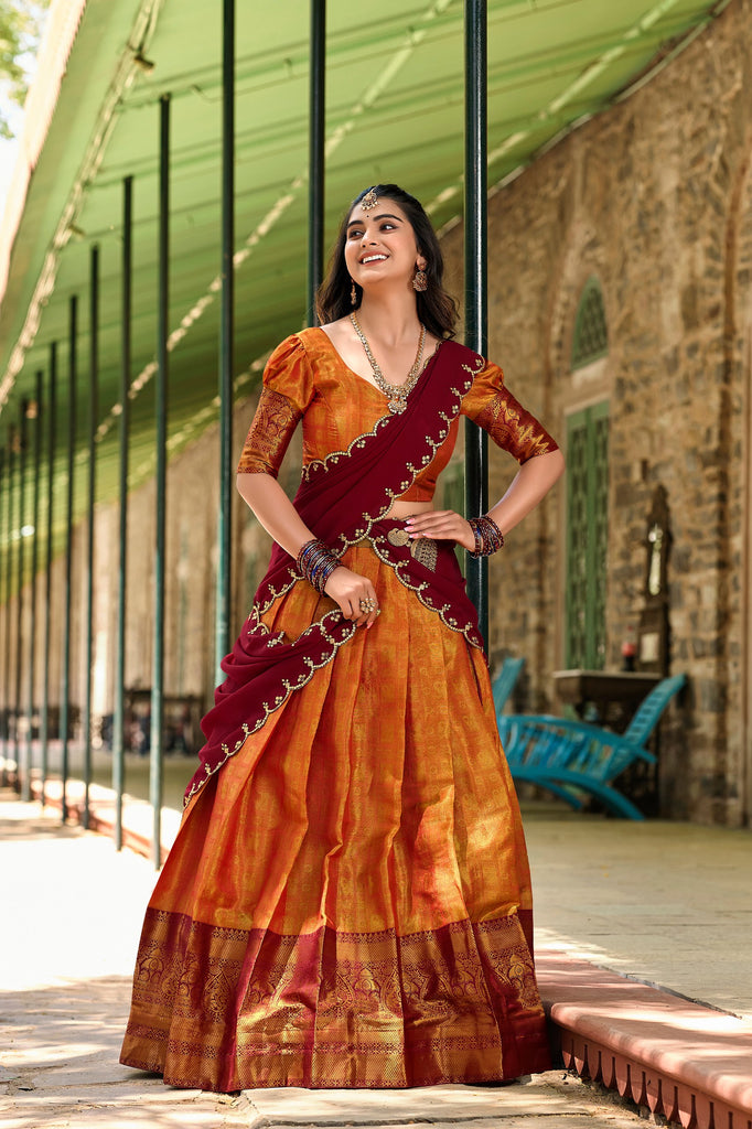 Orange Regal Zari Woven Kanjivaram Lehenga Choli with Sequin Embroidery Dupatta ClothsVilla