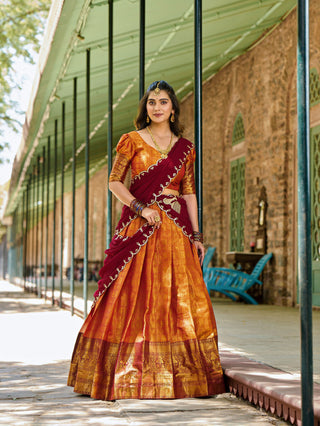 Orange Regal Zari Woven Kanjivaram Lehenga Choli with Sequin Embroidery Dupatta ClothsVilla
