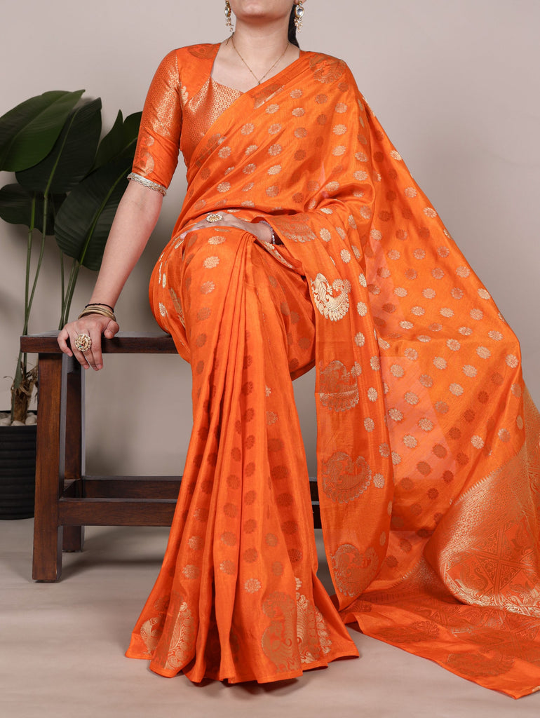 Orange Roop Silk Saree with Zari Weaving & Elegant Lace-Touch Blouse ClothsVilla