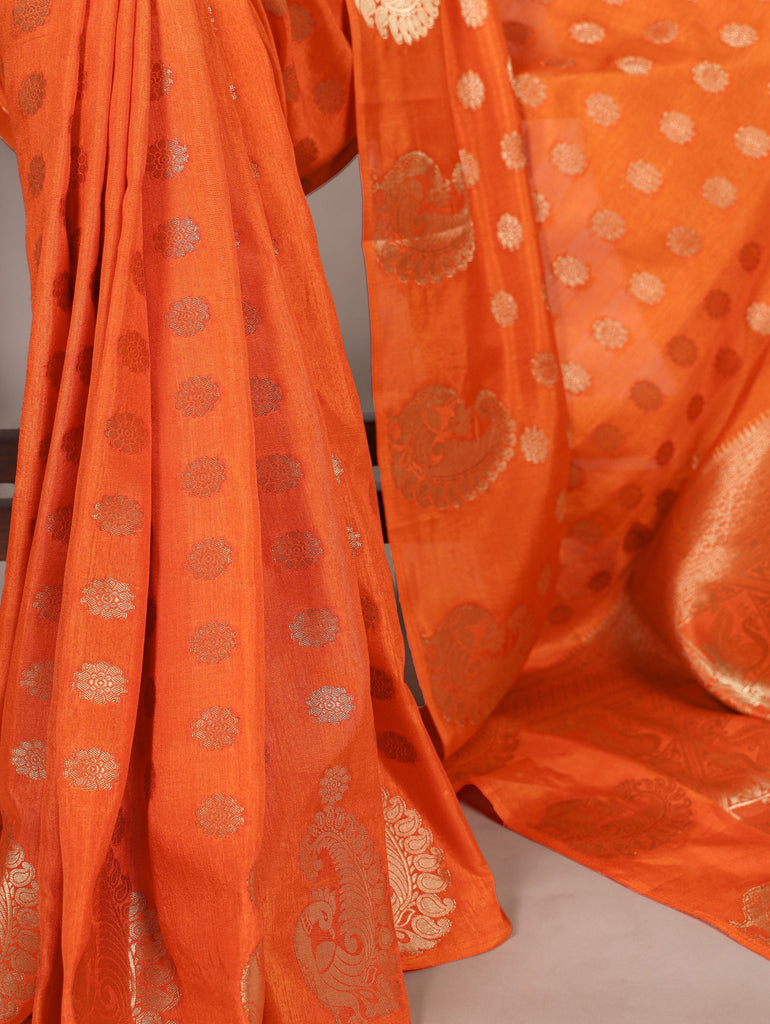 Orange Roop Silk Saree with Zari Weaving & Elegant Lace-Touch Blouse ClothsVilla