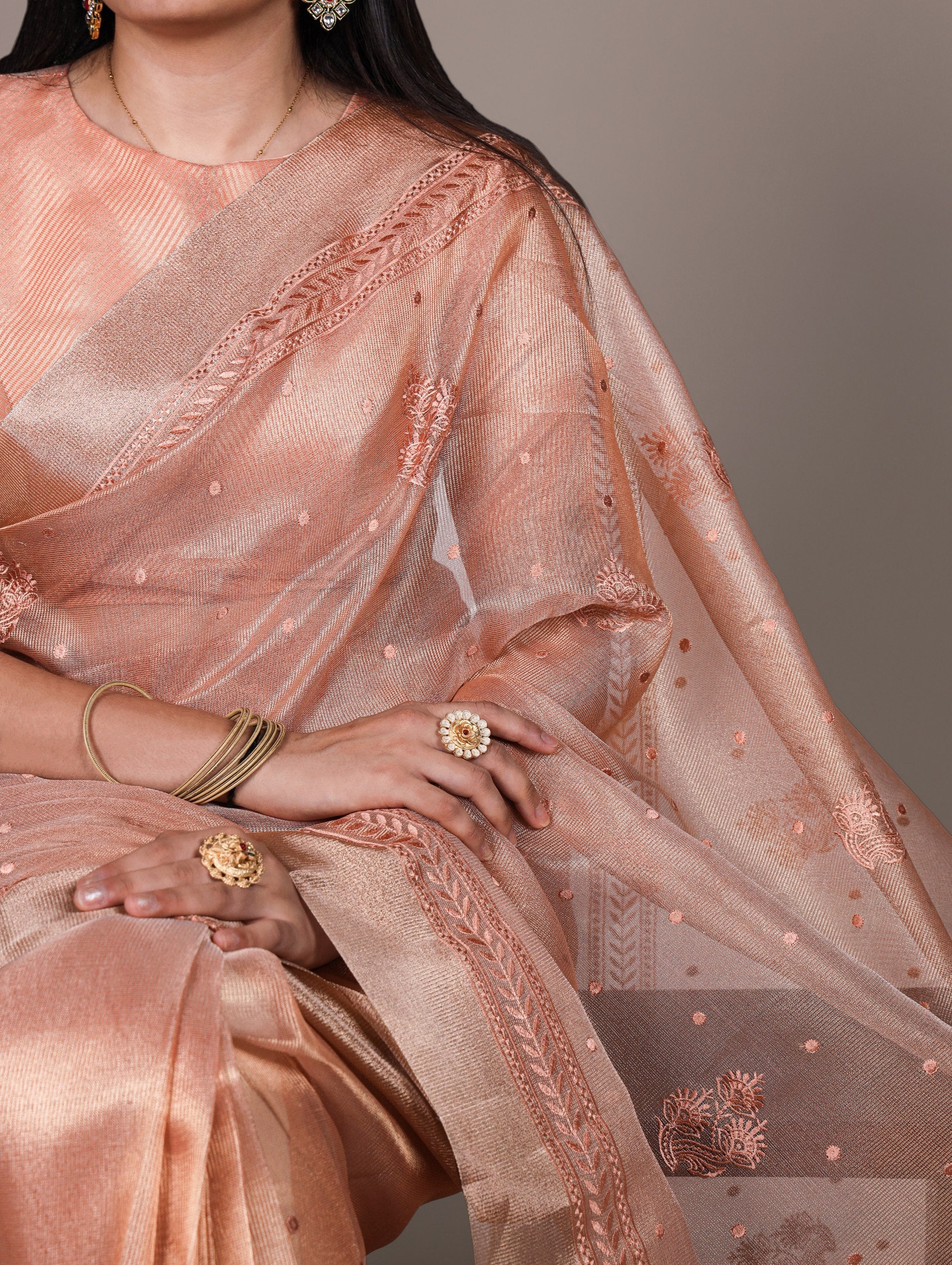 Orange Rose Gold Poly Shimmer Saree with Elegant Thread Embroidery and Matching Blouse – Unstitched Ensemble Secondary image