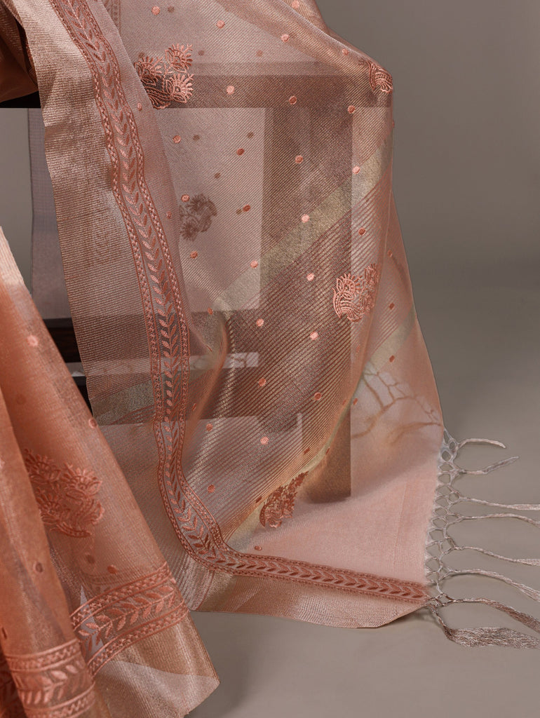 Orange Rose Gold Poly Shimmer Saree with Elegant Thread Embroidery and Matching Blouse – Unstitched Ensemble ClothsVilla