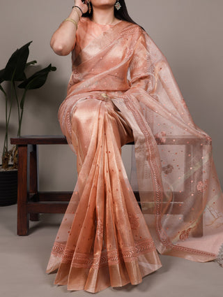 Orange Rose Gold Poly Shimmer Saree with Elegant Thread Embroidery and Matching Blouse – Unstitched Ensemble ClothsVilla