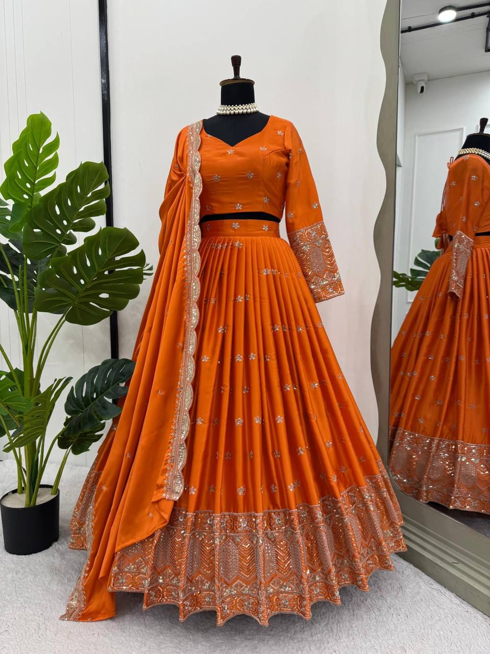 Orange Royal Satin Silk Lehenga Choli Set with Thread & Sequin Work |Semi-Stitched with Dupatta ClothsVilla Main image