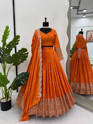 Orange Royal Satin Silk Lehenga Choli Set with Thread & Sequin Work |Semi-Stitched with Dupatta ClothsVilla