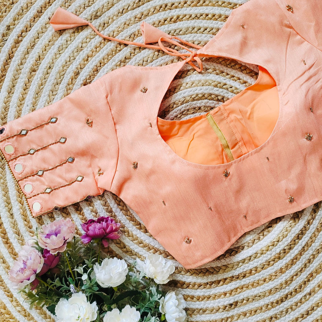 Orange Russian Silk Blouse with Mirror and Pearl Embellishments ClothsVilla