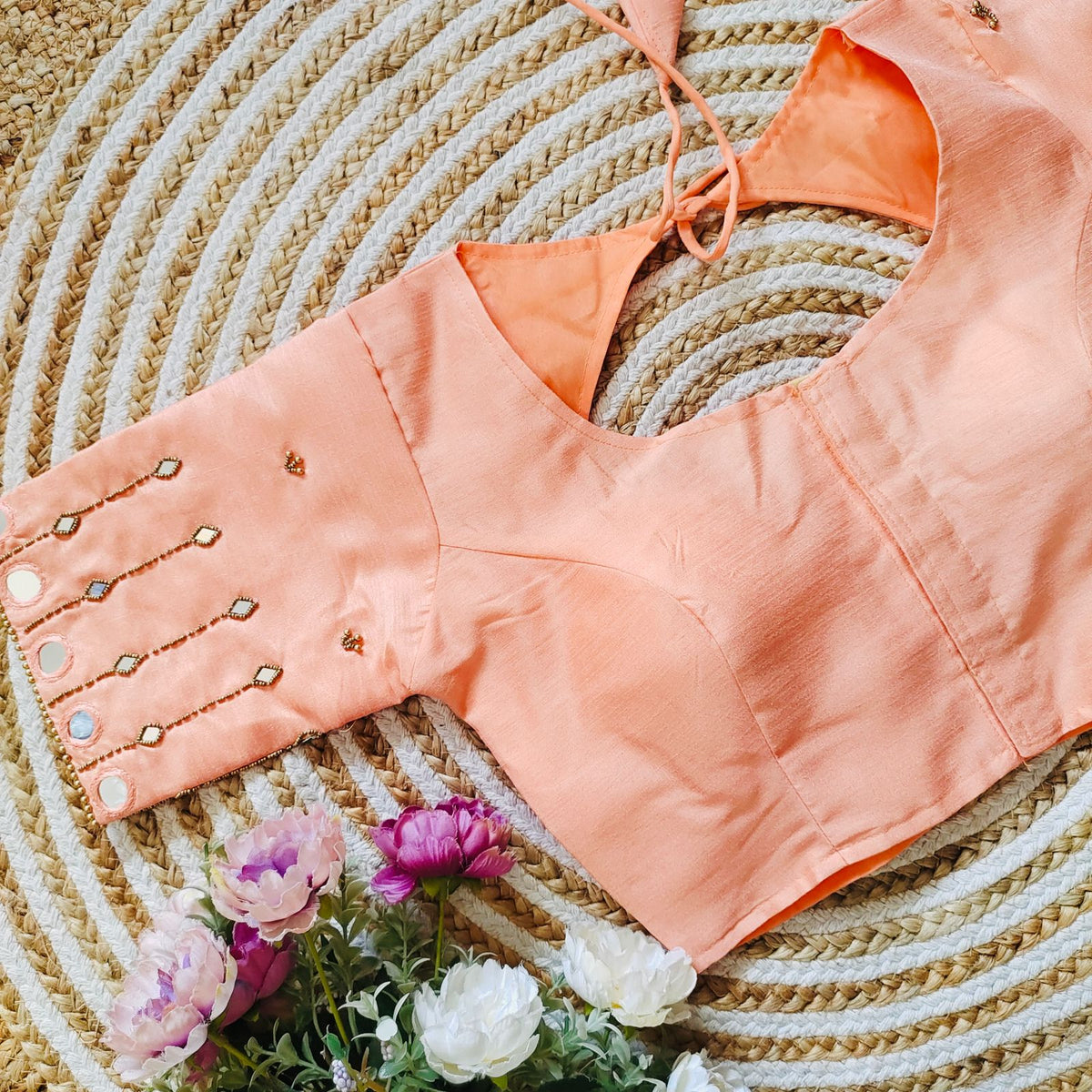 Orange Russian Silk Blouse with Mirror and Pearl Embellishments ClothsVilla Main image
