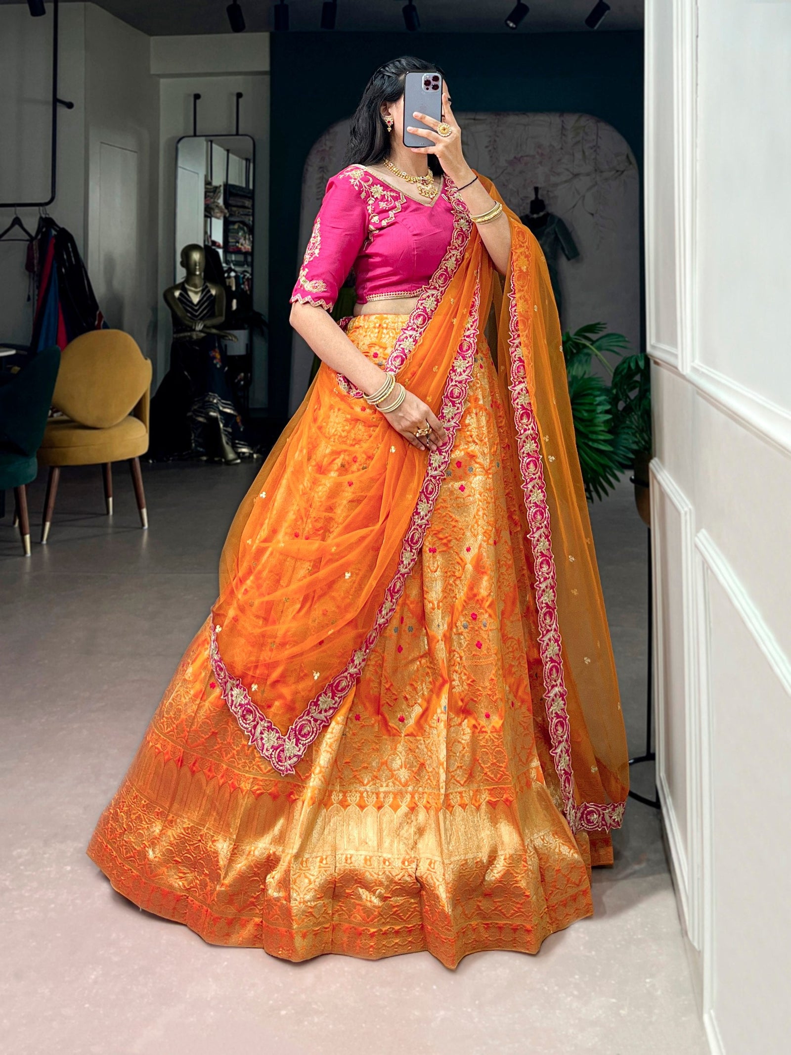 Orange Silk Lehenga Choli with Zari Work ClothsVilla